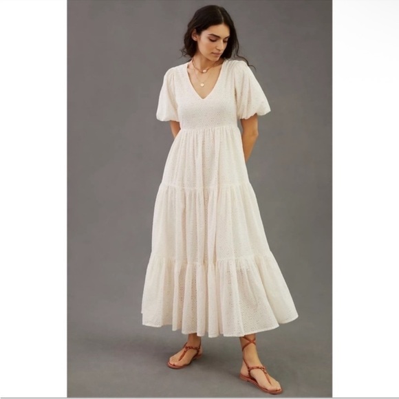 ANTHROPOLOGIE MOTHER Off White Eyelet Puff Sleeve Tiered Maxi Dress M NWT - Picture 9 of 9